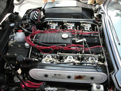 1998 Ford Crown Victoria - V12 engine bay with red ignition wires, two banks of triple carburetors and silver finned cam covers.