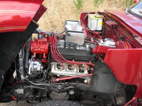1998 Ford Crown Victoria - Open engine bay of a red car showing a V8 engine with red spark-plug wires, chrome valve covers and a front-mounted accessory.