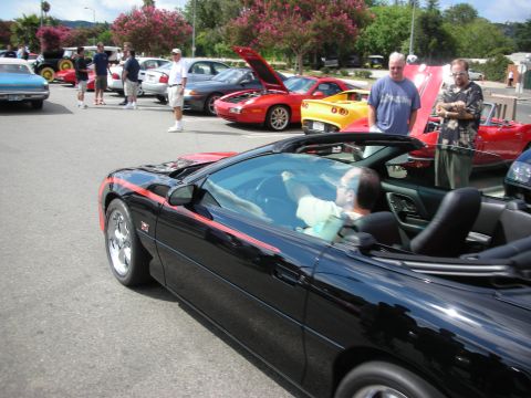 1998 Ford Crown Victoria - black convertible Corvette with a red accent stripe rolls through a car show as a man sits in the driver's seat.