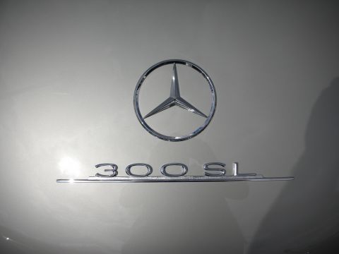 1998 Ford Crown Victoria - Close-up of the Mercedes three-pointed star above the chrome 300 SL script on a silver body panel.