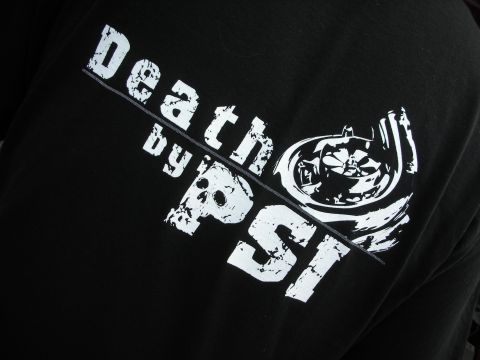 1998 Ford Crown Victoria - black T-shirt printed in white reading Death by PSI alongside a stylized turbocharger graphic.