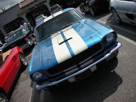 1998 Ford Crown Victoria - blue first-generation Ford Mustang fastback with white center stripes and a hood scoop, parked among other classics at a show.