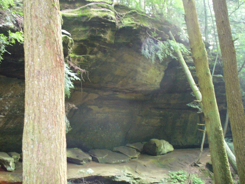 Forest scene with large moss-covered rock formation and trees. Watermark reads SUPERMOTORS