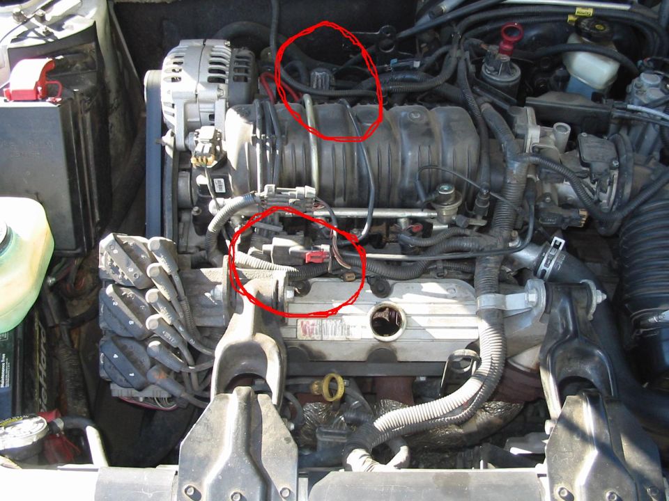 Engine bay with two areas circled in red marker on the intake and wiring