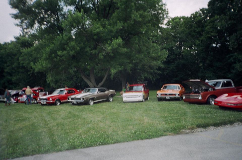 Several classic cars parked on a grassy field under a large tree. Some have hoods open