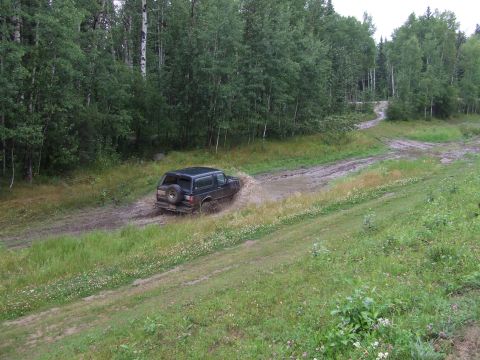 1988 Ford Bronco - 1988 Ford Bronco navigating a wet, muddy path surrounded by dense forest.