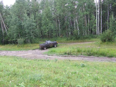 1988 Ford Bronco - A brown 1980s Ford Bronco navigates a muddy track surrounded by trees.