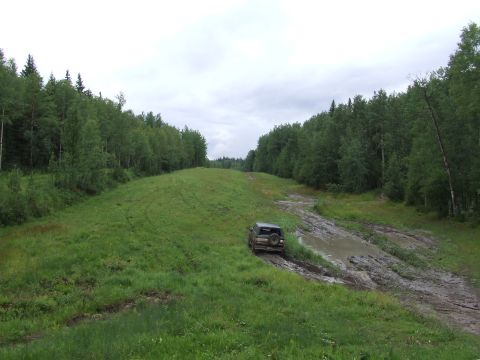 1988 Ford Bronco - A dark SUV tackles a muddy path surrounded by lush green fields and dense forest under a cloudy sky.