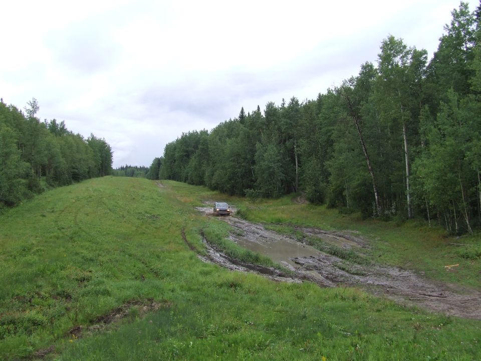 SUV navigating a muddy track in a wooded area