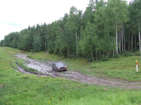 1988 Ford Bronco - 1988 Ford Bronco driving through a muddy trail in a wooded area.