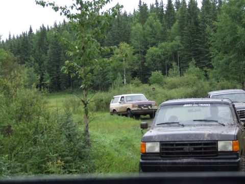 1988 Ford Bronco - A two-tone 1987 Ford Bronco navigates a dirt path through a forest, with other vehicles visible.