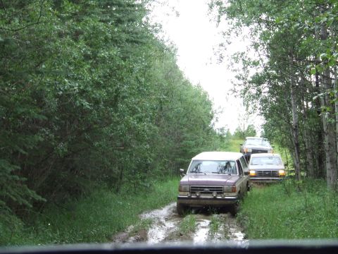 1988 Ford Bronco - Multiple vehicles navigate a muddy path through a wooded area.