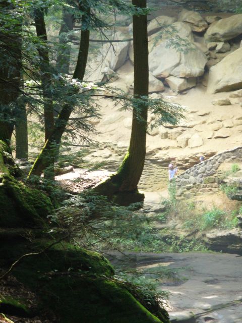 1991 Ford Probe - A forest scene unfolds with moss-covered rocks and trees, leading to a stone pathway where distant figures can be seen.