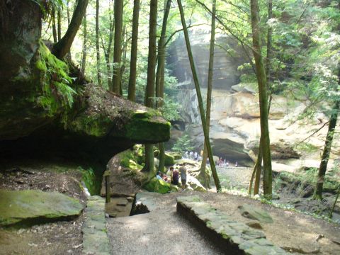 1991 Ford Probe - A scenic view of a forest path leading to a cave, with visitors visible in the distance.