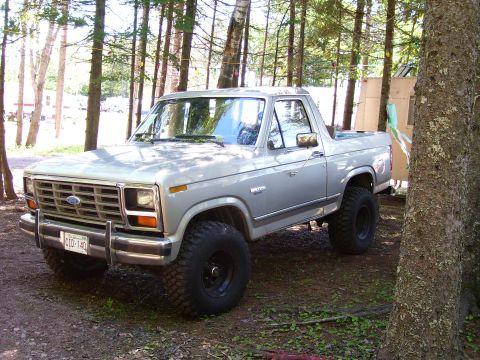 1984 Ford Bronco - This lifted pickup truck, likely from the early 1980s, is shown in a natural setting with trees surrounding it.