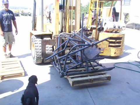 1978 Ford Bronco - A metal roll cage is being moved with a forklift, with a dog watching.