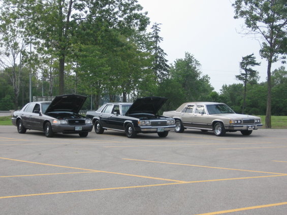 1988 Mercury Grand Marquis in tan, front view, parked with two other sedans