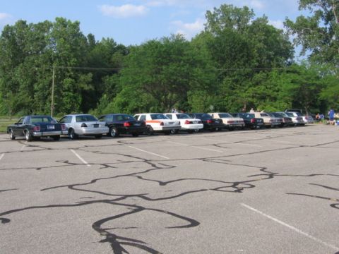 1988 Mercury Grand Marquis - A row of cars, some appearing to be police vehicles, are parked in an outdoor lot on a sunny day.