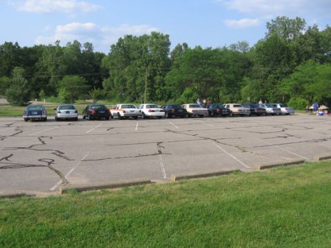 1988 Mercury Grand Marquis - Several sedans are parked in a lot, with trees and a blue sky in the background.