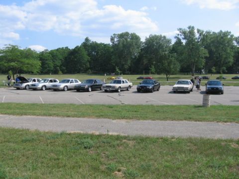 1988 Mercury Grand Marquis - A lineup of sedans and police cars are parked in a lot on a sunny day with trees in the background.