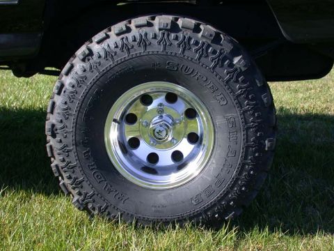 1996 Ford Bronco - Close-up of a vehicle's tire and wheel assembly, set against a grassy backdrop.