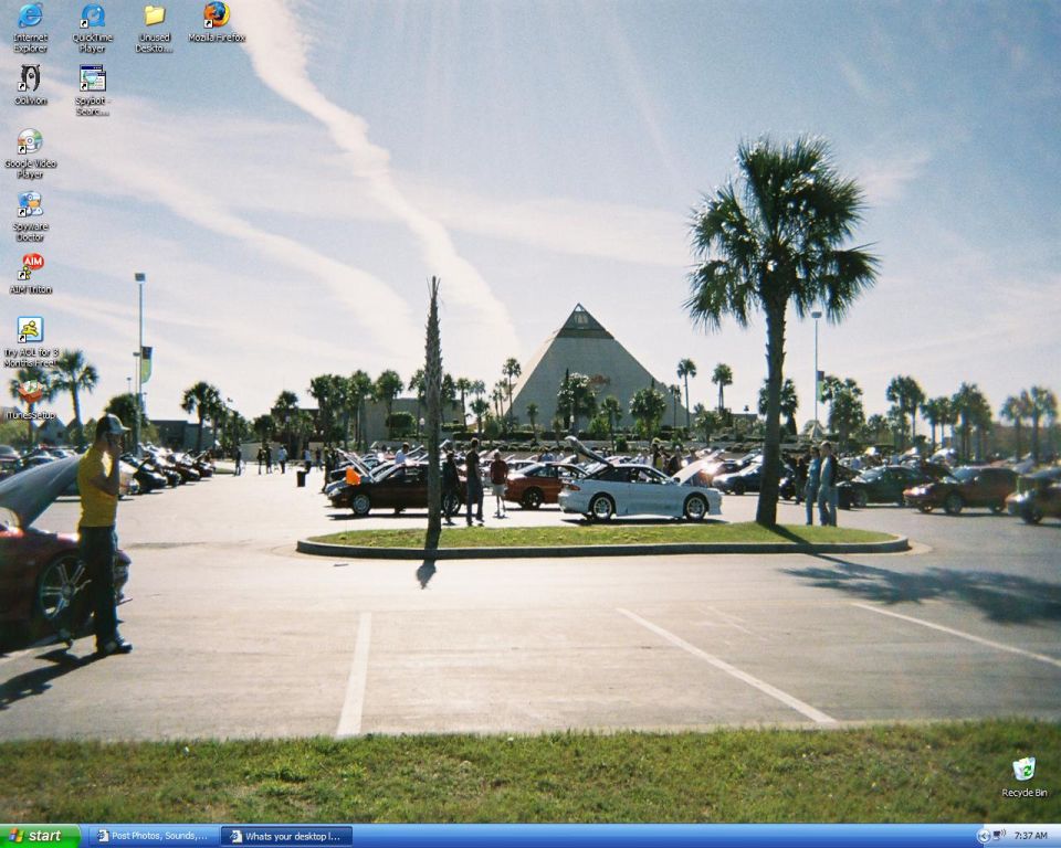 Desktop wallpaper of a Ford Probe car meet in a palm-lined lot near a pyramid building