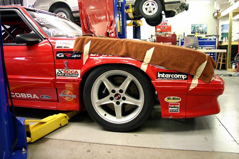 1993 Ford Mustang - A red 1993 Ford Mustang Cobra is shown on a lift in a garage, displaying various racing decals.