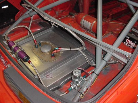 1993 Ford Mustang - Custom fuel system and fire suppression equipment installed in a race car's interior.