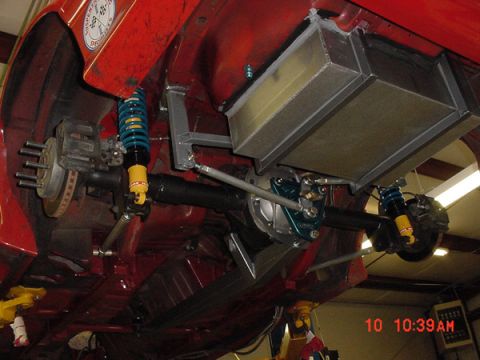 1993 Ford Mustang - Custom rear suspension and fuel tank installation shown from below.