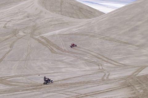 1994 Ford F-150 - Two ATVs navigate the sandy terrain of the dunes, leaving tracks behind them.
