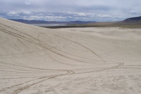 1994 Ford F-150 - Tire tracks mark the sandy terrain of dunes stretching towards distant mountains and water.