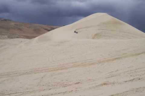1994 Ford F-150 - Two ATVs are visible on a large sand dune with tire tracks.