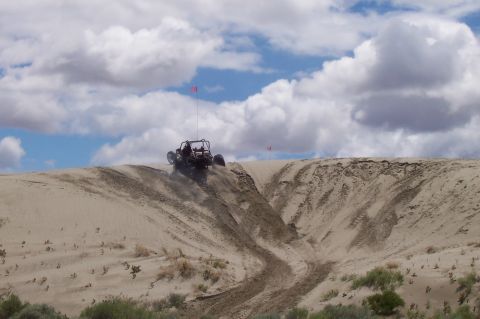 1994 Ford F-150 - Dune buggy climbing a sandy hill under a cloudy sky.