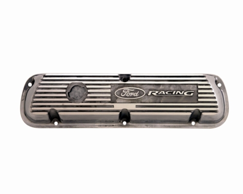 Ford Racing valve cover with horizontal fins and oval Ford logo