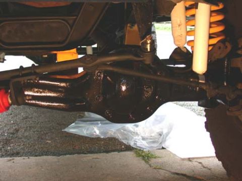 1996 Ford Bronco - Underside view of a freshly painted glossy black solid front axle housing with its cast differential and drag link, photographed from benea…