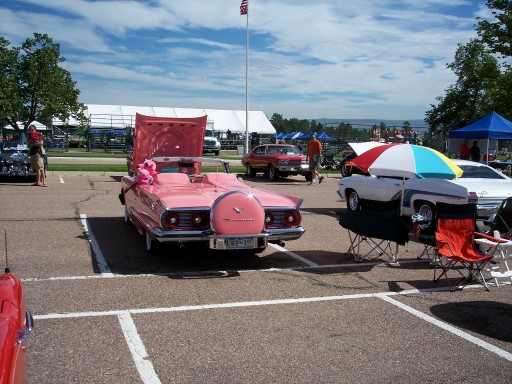 Pink 1950s Ford Thunderbird convertible, hood up, rear view at an outdoor car show