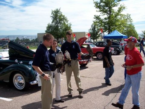1972 Ford Ranchero - A group of people with falcons stand near several classic cars at an outdoor event.