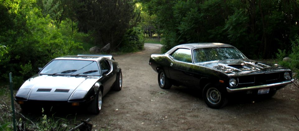 Black De Tomaso Pantera and black muscle coupe parked on dirt path in woods
