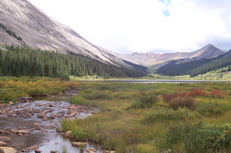 Mountain landscape with a lake, pine forest, and a rocky stream in the foreground