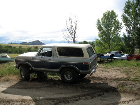 1979 Ford Bronco - This 1978 Ford Bronco is parked outdoors with several other vehicles visible on a trailer behind it.