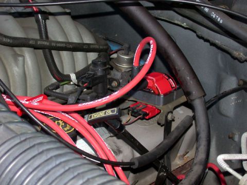 1996 Ford Bronco - Engine bay close-up showing red spark plug wires, coil and an Engine Oil label.