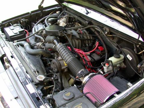1996 Ford Bronco - Open engine bay of a V8 truck showing a red cone air filter feeding a corrugated intake tube into the throttle body, red aftermarket plug w…
