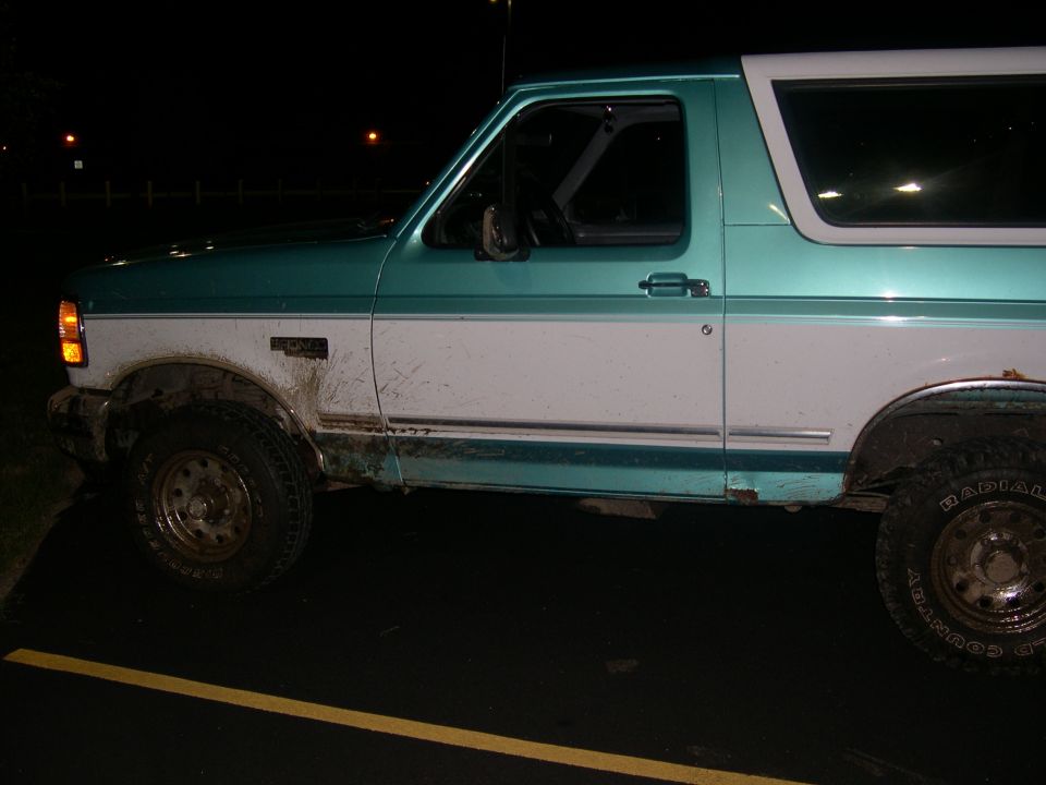 The Bronco in the parking lot after getting all the way out of the mud!