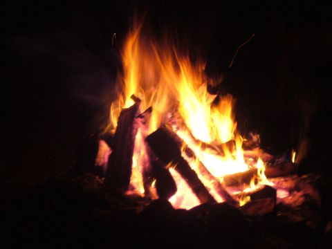 1991 Ford Probe - A campfire burns brightly in the darkness, with embers and smoke rising.