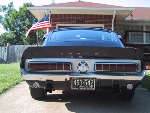 1968 Shelby GT500 - Rear view of a 1968 Shelby GT500, dual taillights and Carroll Shelby Motors on the license plate.