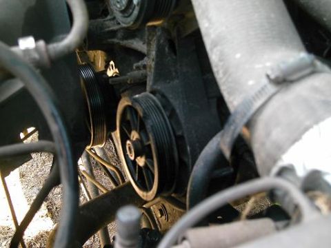 1986 Ford Bronco - Engine bay detail showing multiple pulleys and a large hose with a metal clamp.