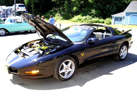 1984 Pontiac Fiero - A black Pontiac Firebird is parked outside with its hood up, revealing the engine bay.