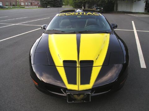 1984 Pontiac Fiero - A black and yellow Pontiac Trans Am is parked in a lot, showing off its racing stripes.