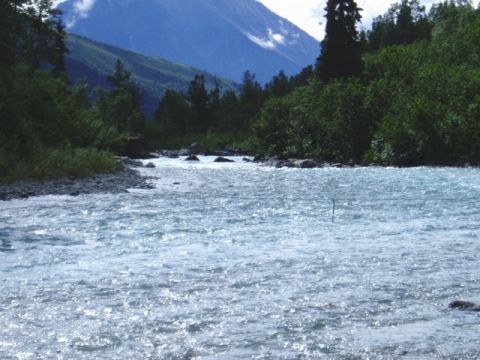 2000 Ford E350 - A scenic view of a river with mountains and trees under a cloudy sky.
