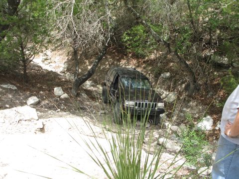 1995 Ford Bronco - Jeep Grand Cherokee navigating a challenging off-road path through trees and rocks.